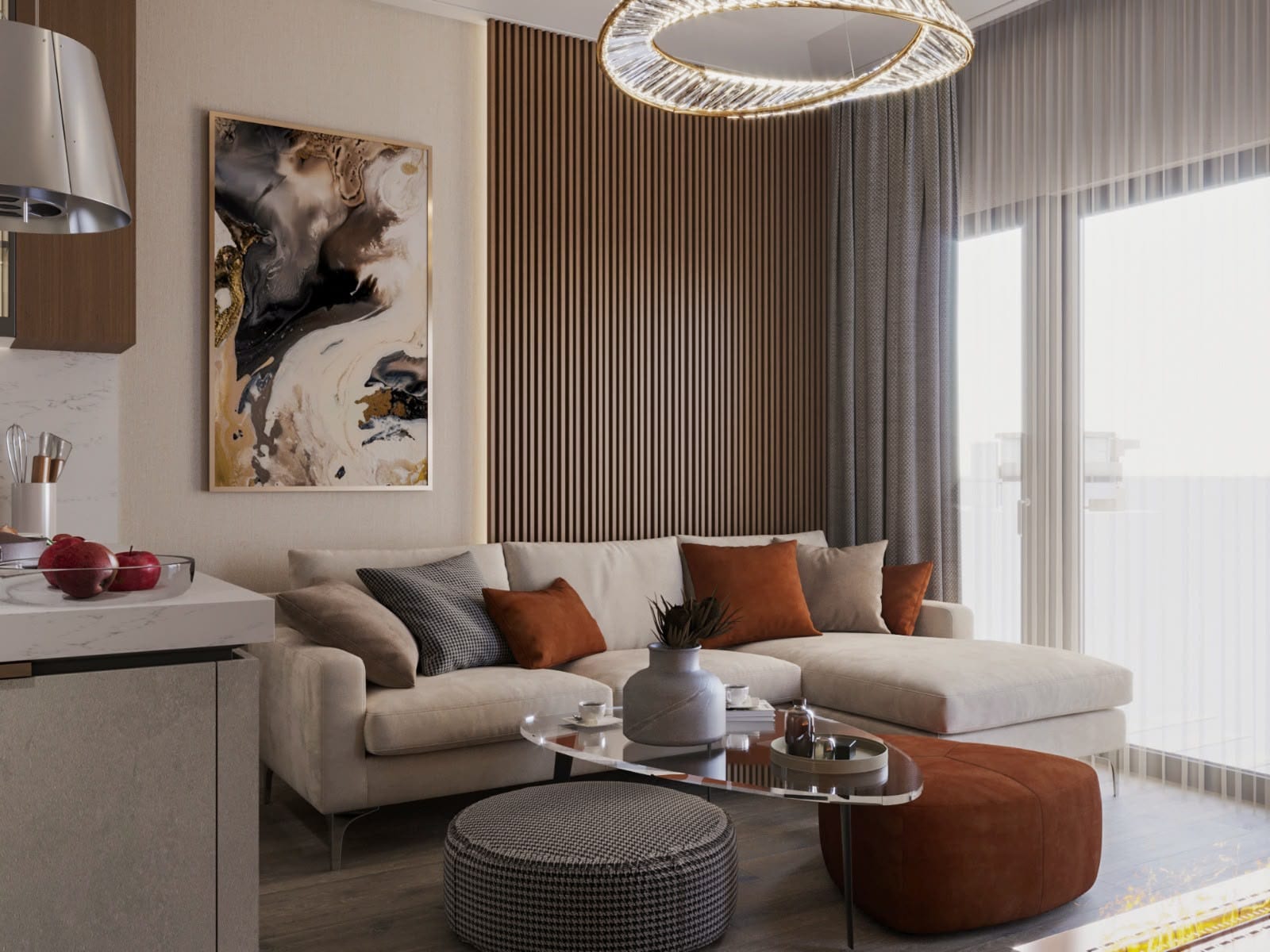 Köşe koltuklu ve perdeli salon